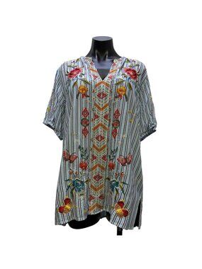 Johnny Was Striped Embroidered Blouse Blue Multi M